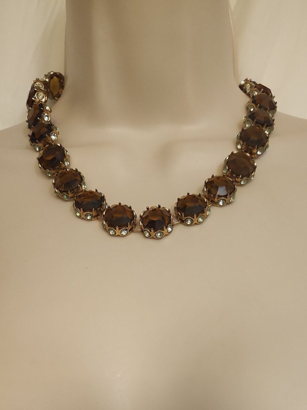 Vintage Leslie Danzis Light Amber Faceted Stone & Rhinstone Necklace Gold Tone
